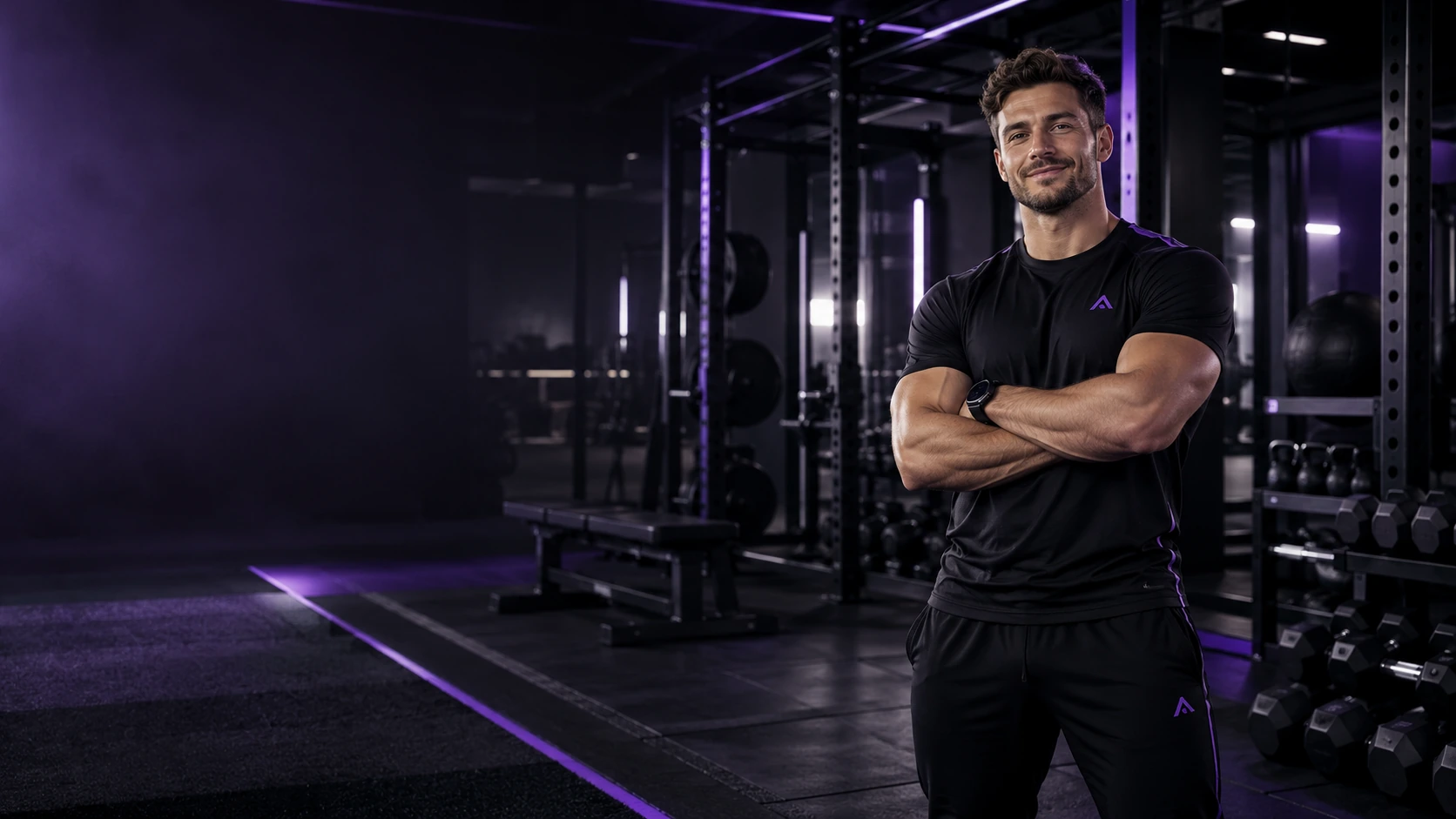 Retrato ilustrativo de personal trainer em academia com iluminação roxa